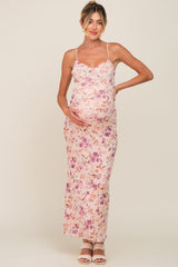 Pink Floral Mesh V-Neck Maternity Maxi Dress