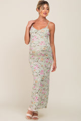 Mint Green Floral Mesh V-Neck Maternity Maxi Dress