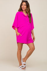 Fuchsia Collared Front Button Maternity Romper