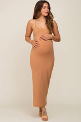 Camel Ribbed Basic Maternity Midi Dress