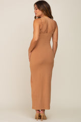 Camel Ribbed Basic Maternity Midi Dress