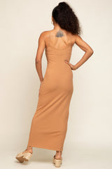 Camel Ribbed Basic Midi Dress