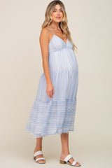 Blue Striped Chiffon Back Tie Tiered Maternity Midi Dress