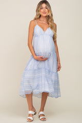 Blue Striped Chiffon Back Tie Tiered Maternity Midi Dress