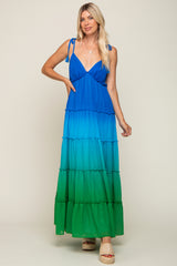 Blue Ombre Chiffon Shoulder Tie Tiered Maternity Maxi Dress