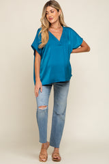 Teal Satin V-Neck Maternity Blouse