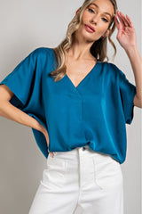 Teal Satin V-Neck Maternity Blouse