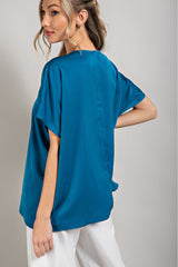 Teal Satin V-Neck Blouse