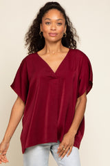 Burgundy Satin V-Neck Maternity Blouse