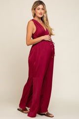 Burgundy Satin V-Neck Side Slit Maternity Jumpsuit