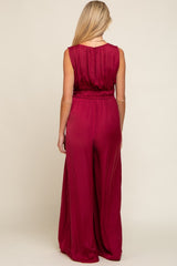 Burgundy Satin V-Neck Side Slit Maternity Jumpsuit