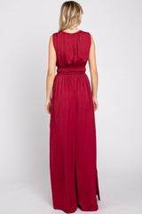 Burgundy Satin V-Neck Side Slit Jumpsuit