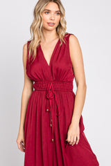 Burgundy Satin V-Neck Side Slit Jumpsuit