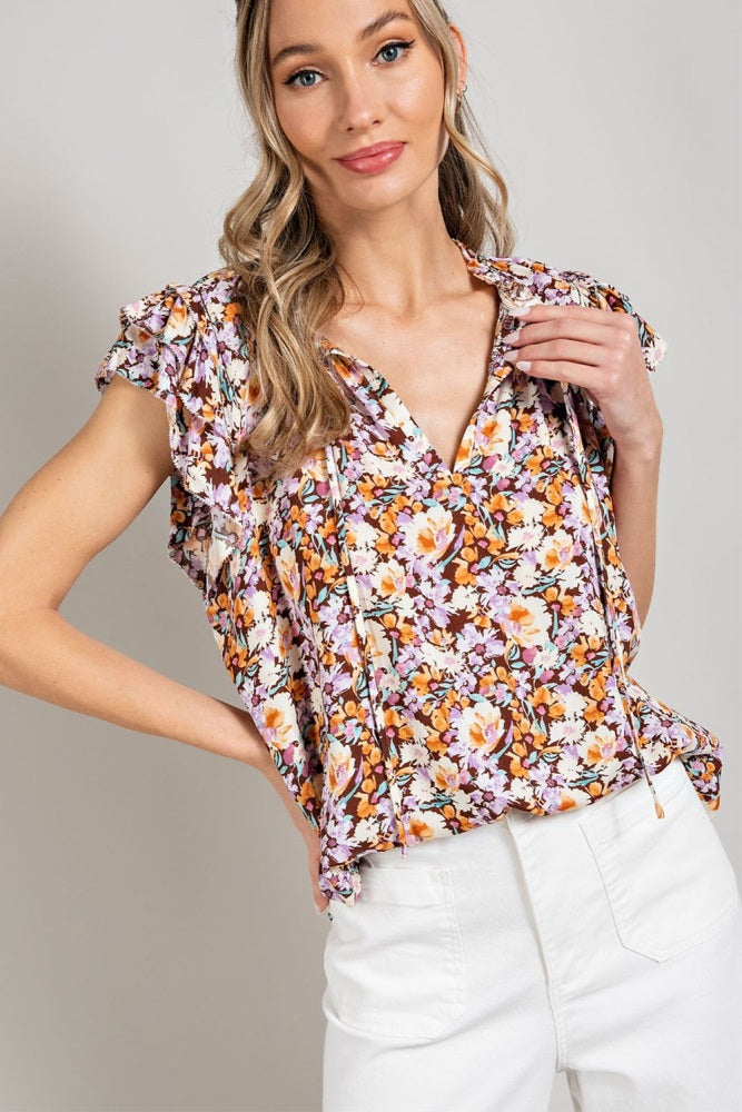 Brown Floral Layered Sleeve Top