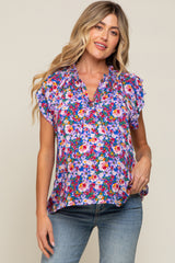 Royal Blue Floral Layered Sleeve Maternity Top