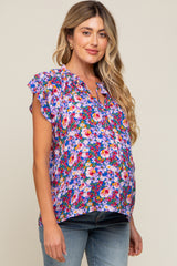 Royal Blue Floral Layered Sleeve Maternity Top