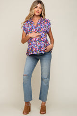 Royal Blue Floral Layered Sleeve Maternity Top