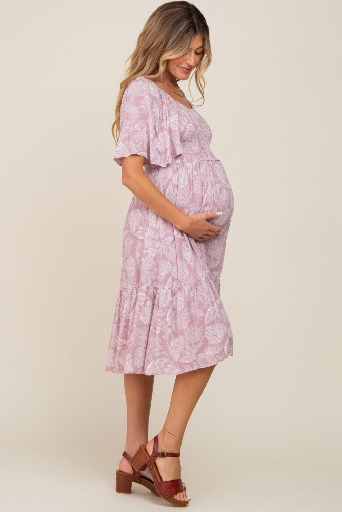 Mauve Floral Smocked Maternity Midi Dress