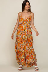 Orange Floral Sleeveless Maternity Jumpsuit