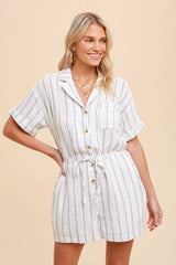 White Belted Stripe Button Up Romper