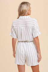 White Belted Stripe Button Up Romper