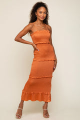 Orange Satin Smocked Fitted Maternity Midi Dress