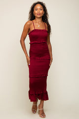 Burgundy Satin Smocked Fitted Maternity Midi Dress