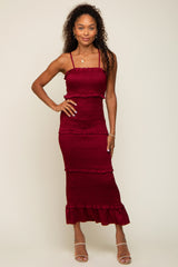 Burgundy Satin Smocked Fitted Midi Dress