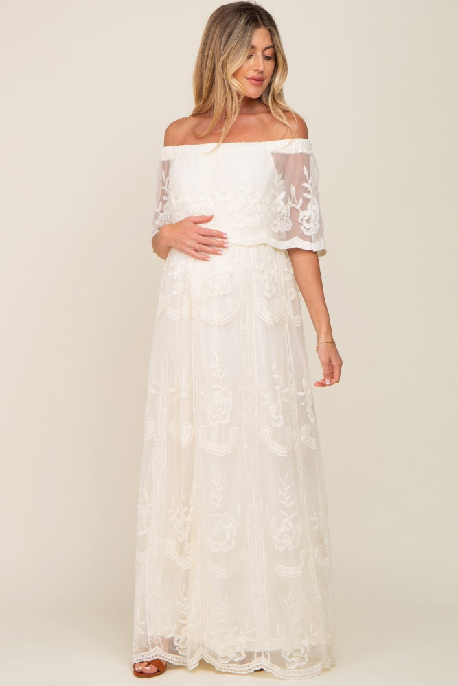 Cream Lace Mesh Overlay Off Shoulder Maternity Maxi Dress