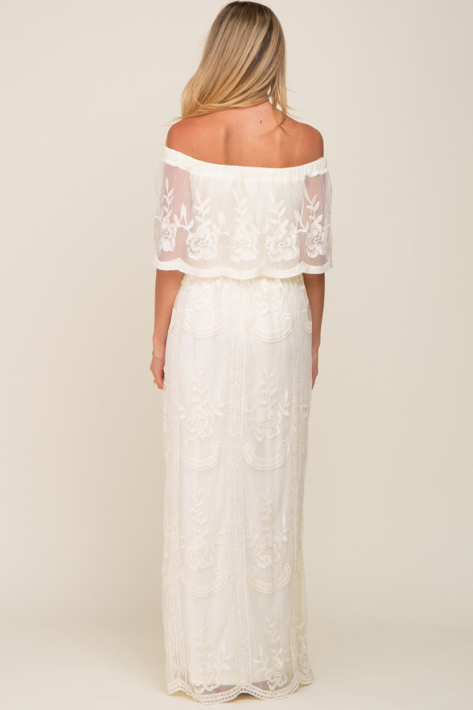 Cream Lace Mesh Overlay Off Shoulder Maternity Maxi Dress