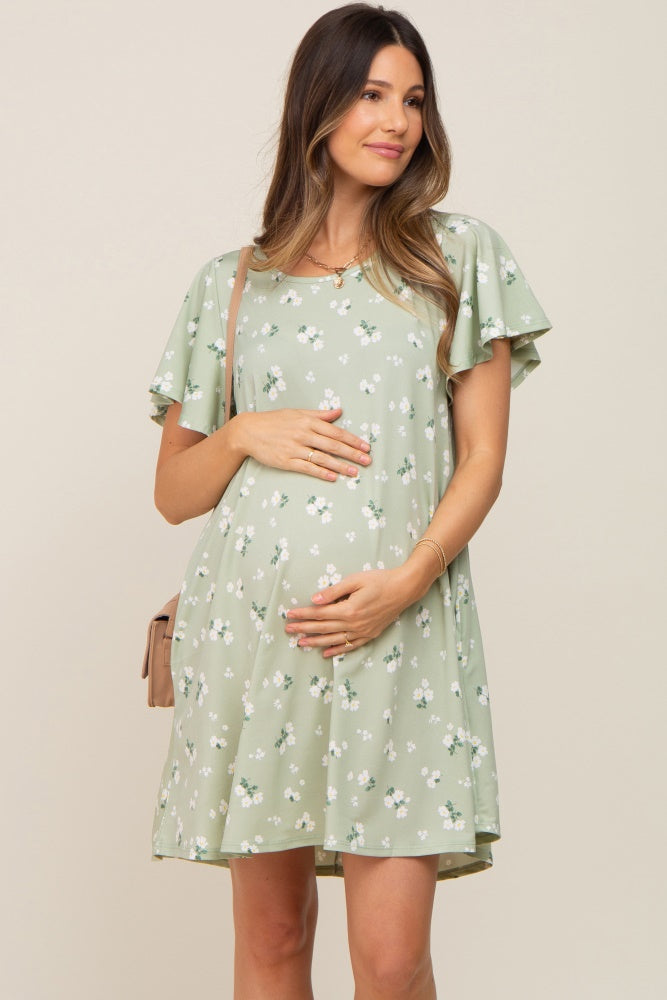 Sage Floral Flounce Sleeve Maternity Dress