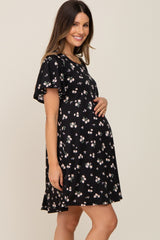 Black Floral Flounce Sleeve Maternity Dress