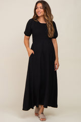 Black Smocked Maternity Maxi Dress