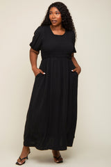 Black Smocked Short Sleeve Maternity Midi Dress