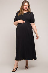 Black Smocked Short Sleeve Maternity Midi Dress