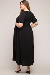 Black Smocked Short Sleeve Maternity Midi Dress