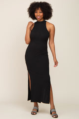 Black Ribbed Side Slit Maternity Maxi Dress