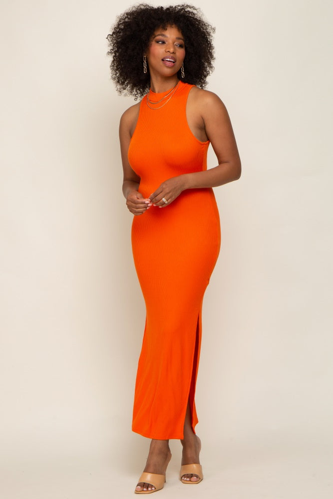 Orange Ribbed Side Slit Maxi Dress