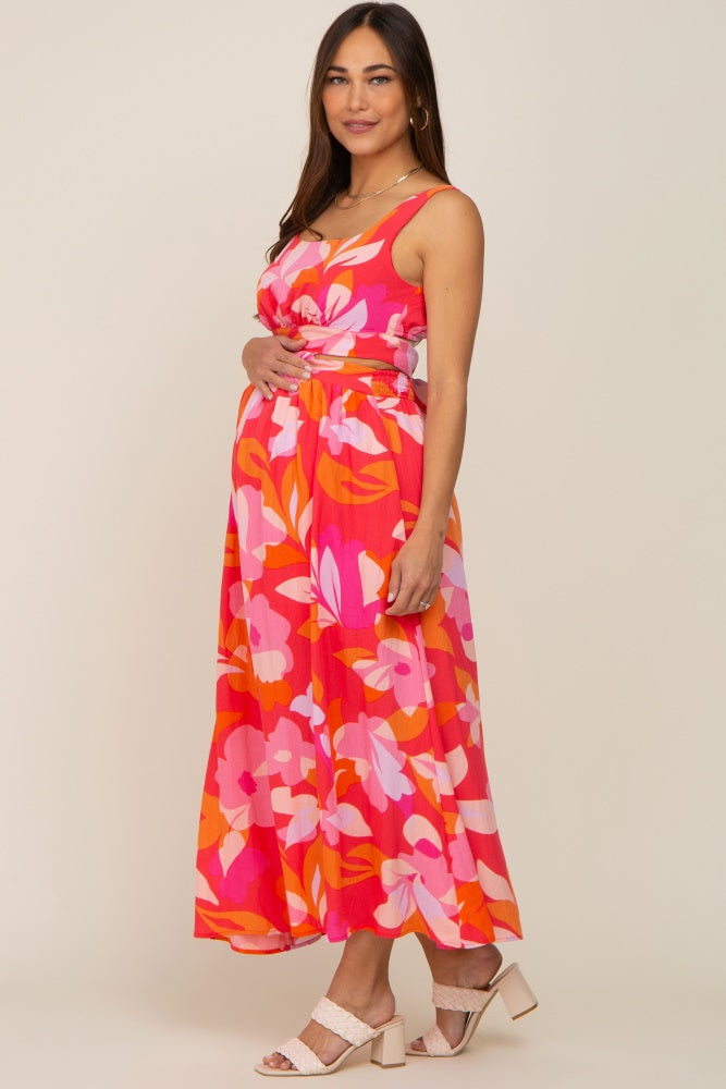 Fuchsia Floral Cutout Back Maternity Maxi Dress