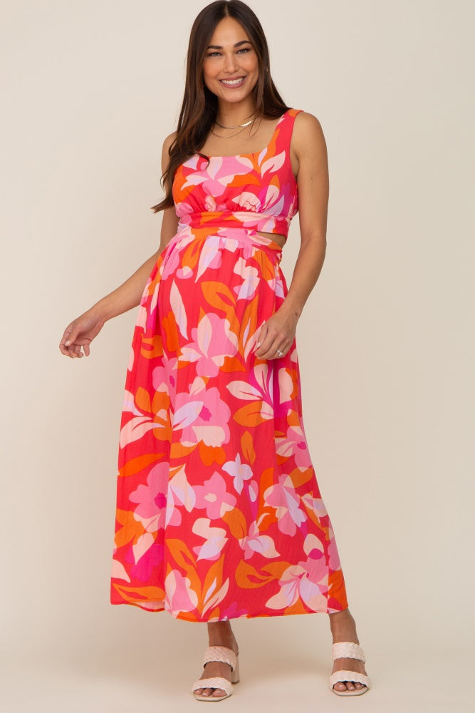 Fuchsia Floral Cutout Back Maternity Maxi Dress