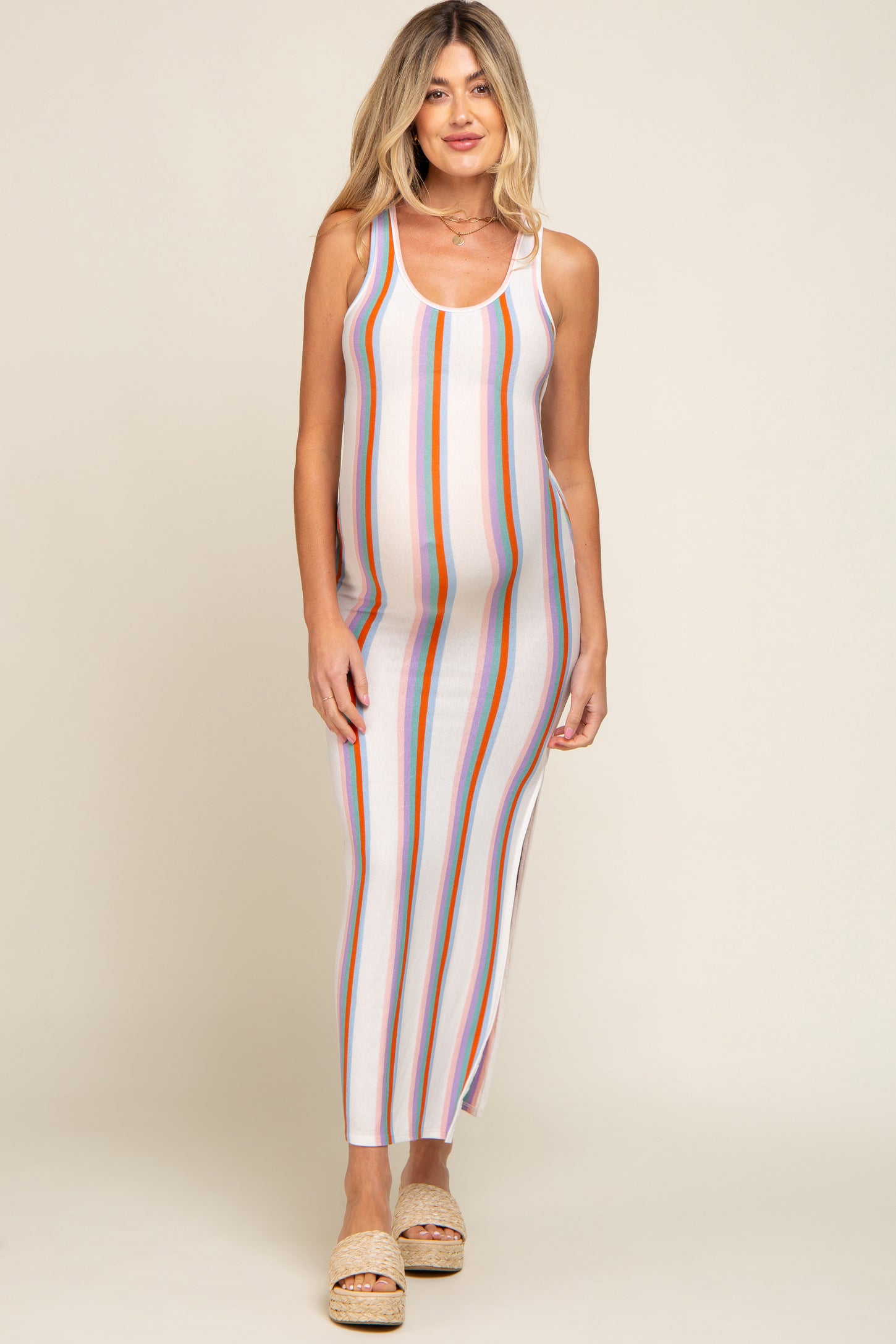 Multi Color Striped Open Back Maternity Maxi Dress