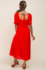 Red Swiss Dot Puff Sleeve Smocked Midi Dress