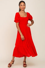 Red Swiss Dot Puff Sleeve Smocked Midi Dress