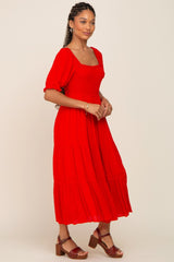 Red Swiss Dot Puff Sleeve Smocked Midi Dress