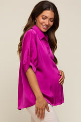 Magenta Satin Button Up Maternity Top