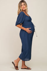 Navy Blue Smocked Drawstring Front Short Sleeve Maternity Jumpsuit