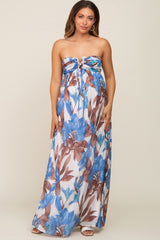 Blue Floral Front Ruffle Halter Maternity Maxi Dress