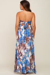 Blue Floral Front Ruffle Halter Maternity Maxi Dress