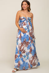 Blue Floral Front Ruffle Halter Maternity Maxi Dress