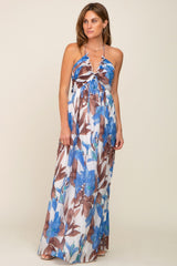 Blue Floral Front Ruffle Halter Maternity Maxi Dress